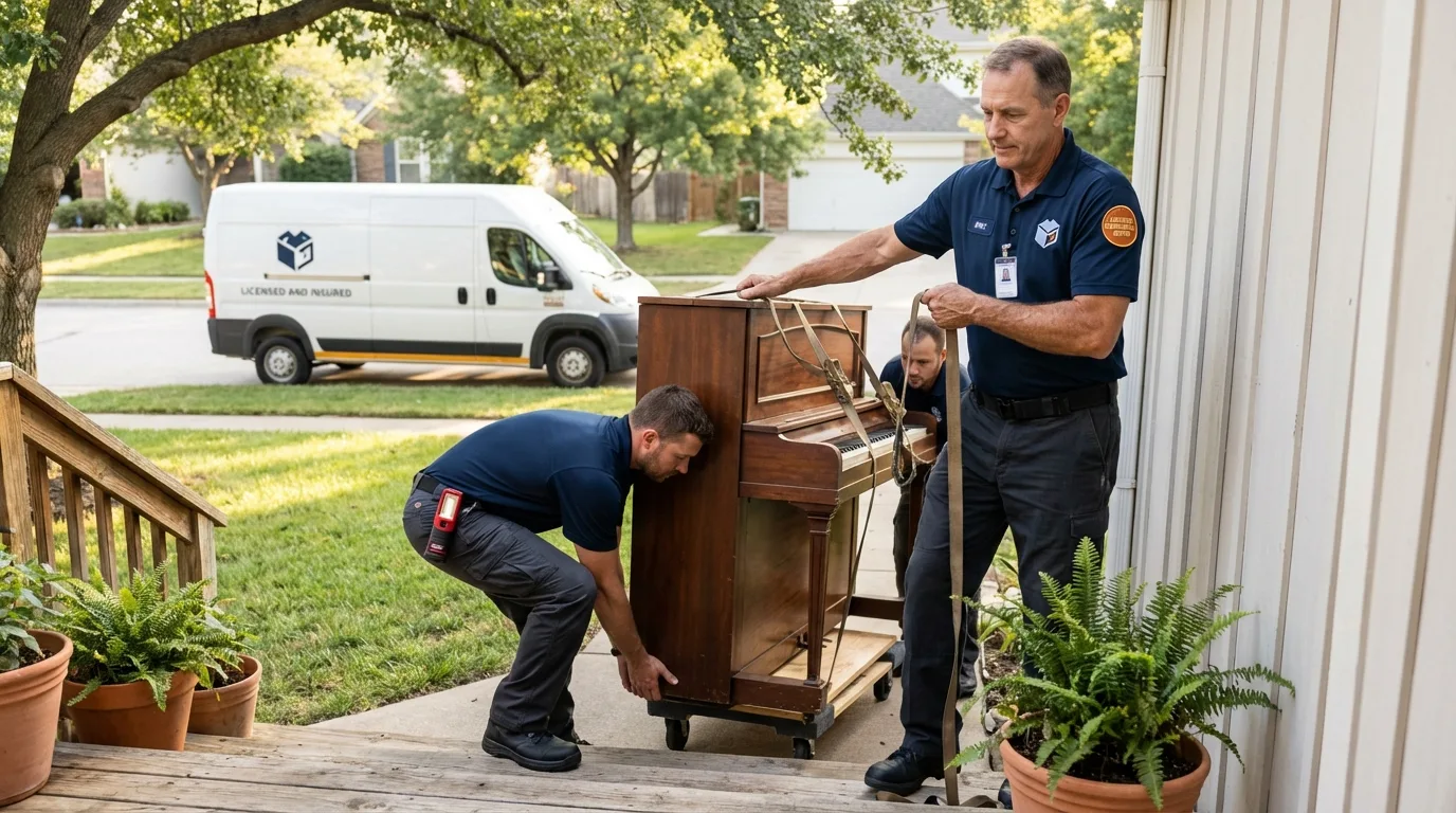 Licensed piano movers securing grand piano in Linden, MI