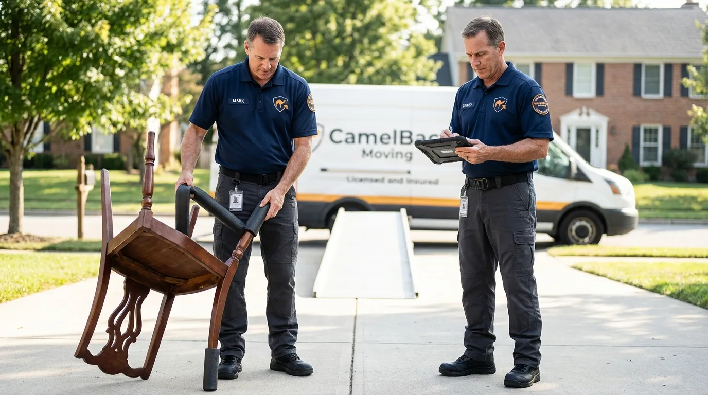 Movers inspecting furniture for damage prevention before loading in Linden, MI