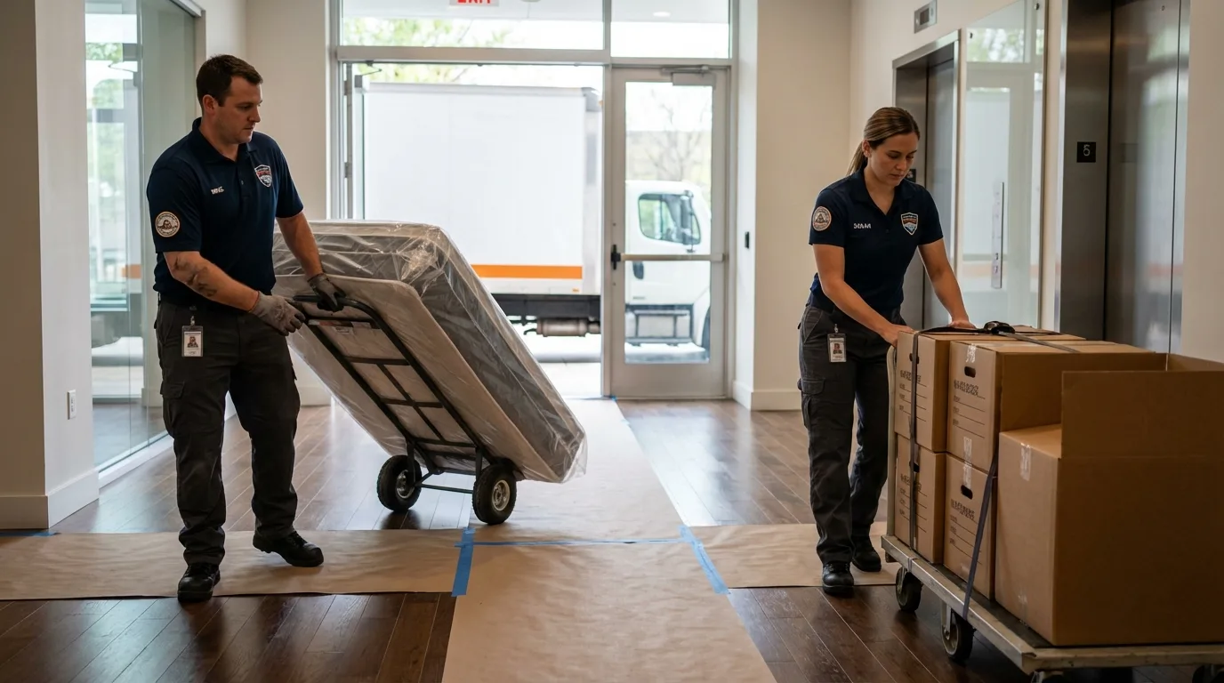 Professional apartment movers loading elevator in Linden, MI