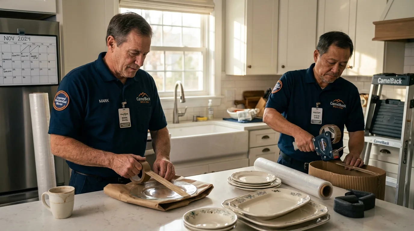 Professional crew packing kitchen dishware in Linden, MI